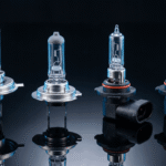 Automotive headlight bulb bases comparison showing H4, H7, 9005, and 9006 types.