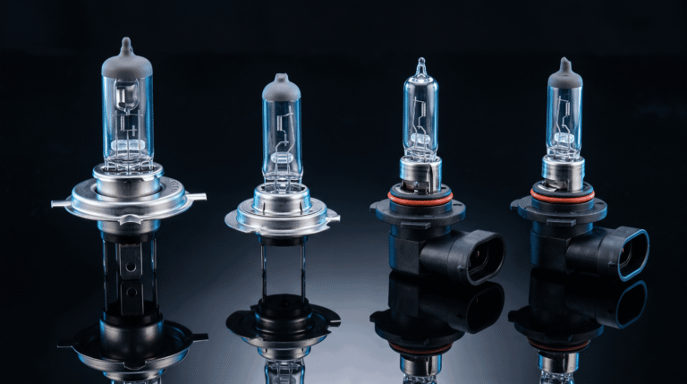 Automotive headlight bulb bases comparison showing H4, H7, 9005, and 9006 types.