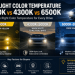 Headlight color temperature comparison showing 3000K golden yellow, 4300K–5000K warm white, and 6000K–6500K crisp white automotive headlights