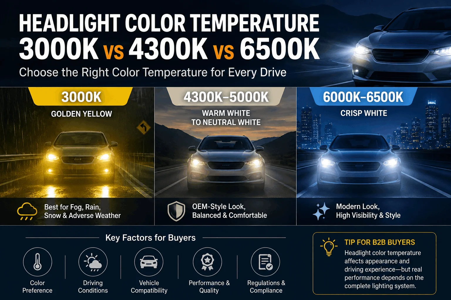 Headlight color temperature comparison showing 3000K golden yellow, 4300K–5000K warm white, and 6000K–6500K crisp white automotive headlights