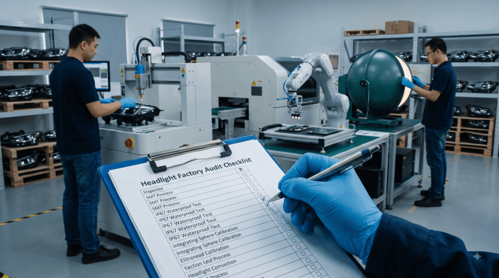 A professional inspector completing a headlight factory audit checklist on-site at an automotive LED manufacturing facility.
