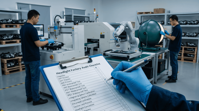 A professional inspector completing a headlight factory audit checklist on-site at an automotive LED manufacturing facility.