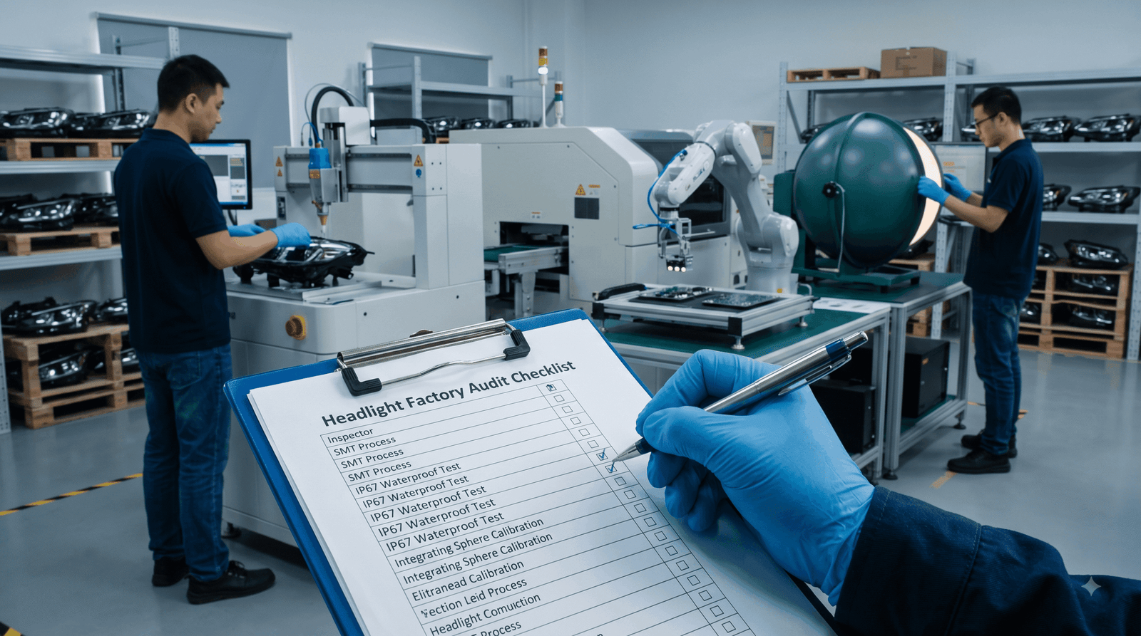 A professional inspector completing a headlight factory audit checklist on-site at an automotive LED manufacturing facility.