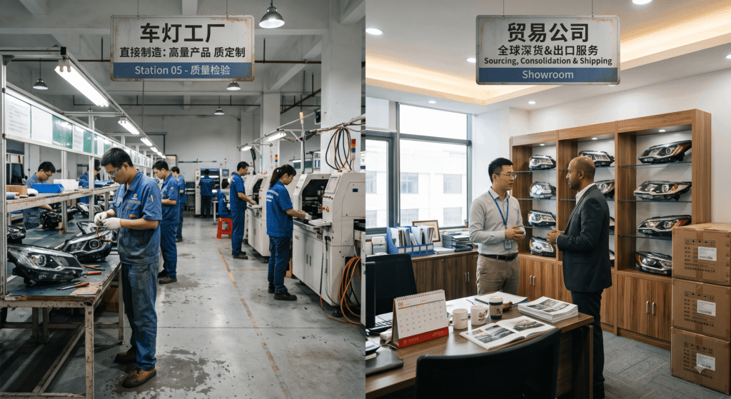 A side-by-side comparison of a direct headlight factory vs trading company, showing a real manufacturing assembly line and a business showroom in China.