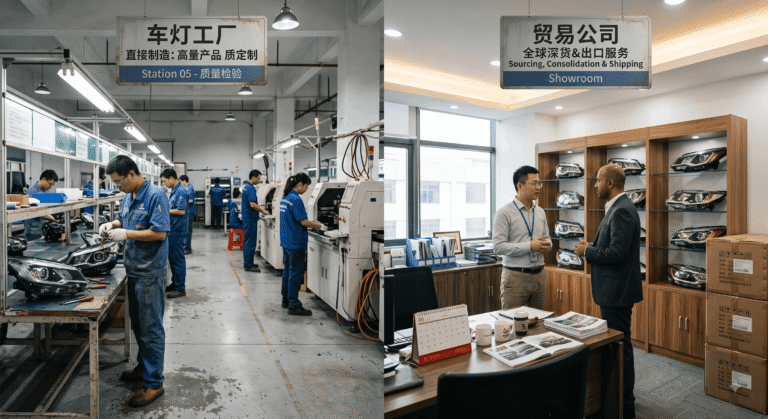 A side-by-side comparison of a direct headlight factory vs trading company, showing a real manufacturing assembly line and a business showroom in China.