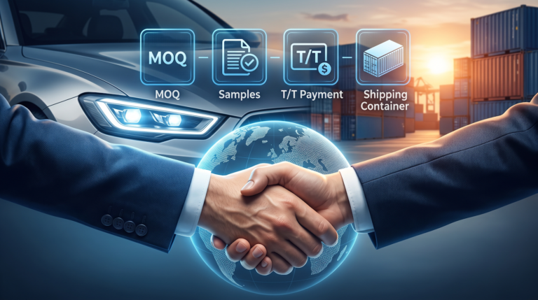 A detailed professional B2B conceptual illustration for automotive lighting sourcing. In the foreground, two business hands complete a handshake over a glowing holographic globe. Above the handshake, stylized digital icons represent key negotiation terms: MOQ (stacked box), Samples (LED with magnifying glass), T/T Payment (arrows), and Shipping Container. In the middle ground, a sleek modern car's detailed LED headlight is lit. The background is a bustling international port during sunset.