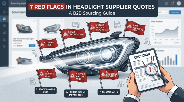 A B2B buyer examining a headlight supplier quotation document with warning red flags next to an automotive LED headlight, highlighting sourcing risks.