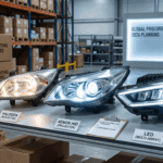 Realistic side-by-side display of LED vs Halogen vs Xenon headlights in an auto parts warehouse, illustrating a 2026 distributor comparison strategy.