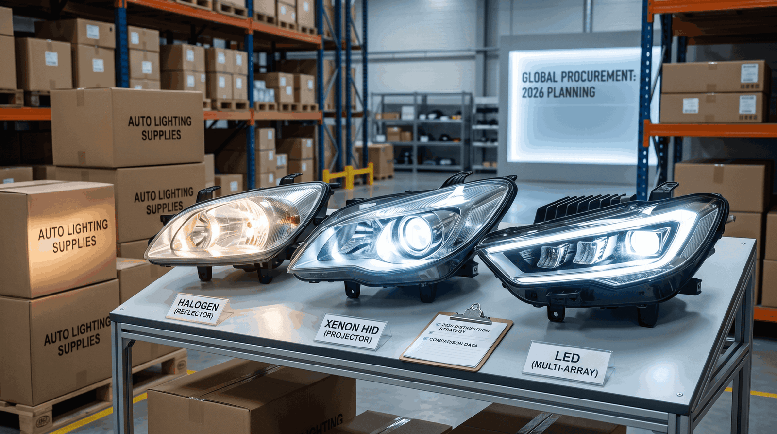 Realistic side-by-side display of LED vs Halogen vs Xenon headlights in an auto parts warehouse, illustrating a 2026 distributor comparison strategy.