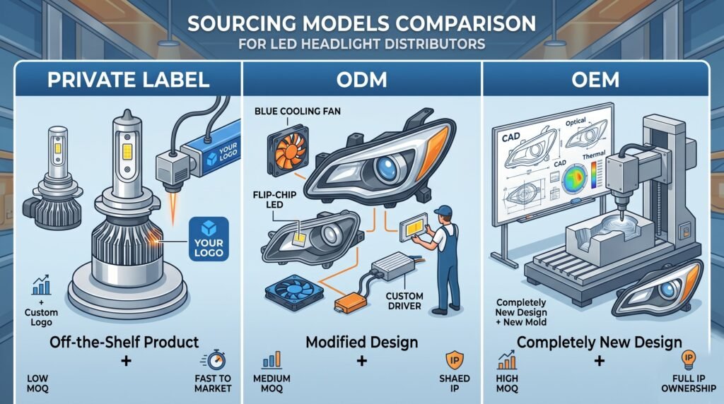 A B2B conceptual infographic for Elementor comparing Private Label, ODM, and OEM sourcing models for automotive LED headlights. The image features three panels: Private Label (H7 bulb with laser logo engraving), ODM (exploded headlight with custom blue fan and chip modifications), and OEM (engineering studio with CAD diagrams and new mold production). Corporate blue and silver theme.