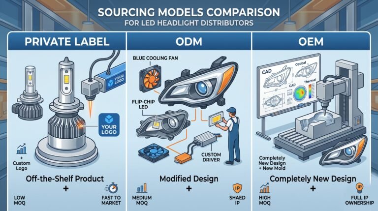 A B2B conceptual infographic for Elementor comparing Private Label, ODM, and OEM sourcing models for automotive LED headlights. The image features three panels: Private Label (H7 bulb with laser logo engraving), ODM (exploded headlight with custom blue fan and chip modifications), and OEM (engineering studio with CAD diagrams and new mold production). Corporate blue and silver theme.