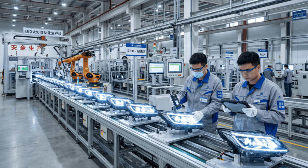 Automated LED headlight assembly line in a reliable Chinese manufacturing factory, representing a high-quality headlight supplier in China.