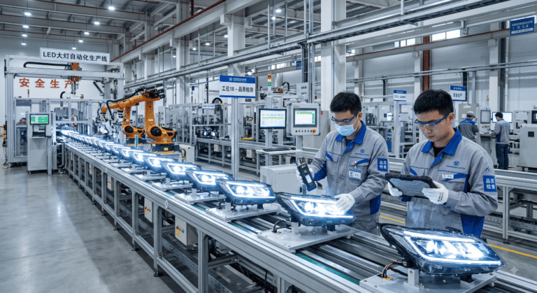 Automated LED headlight assembly line in a reliable Chinese manufacturing factory, representing a high-quality headlight supplier in China.