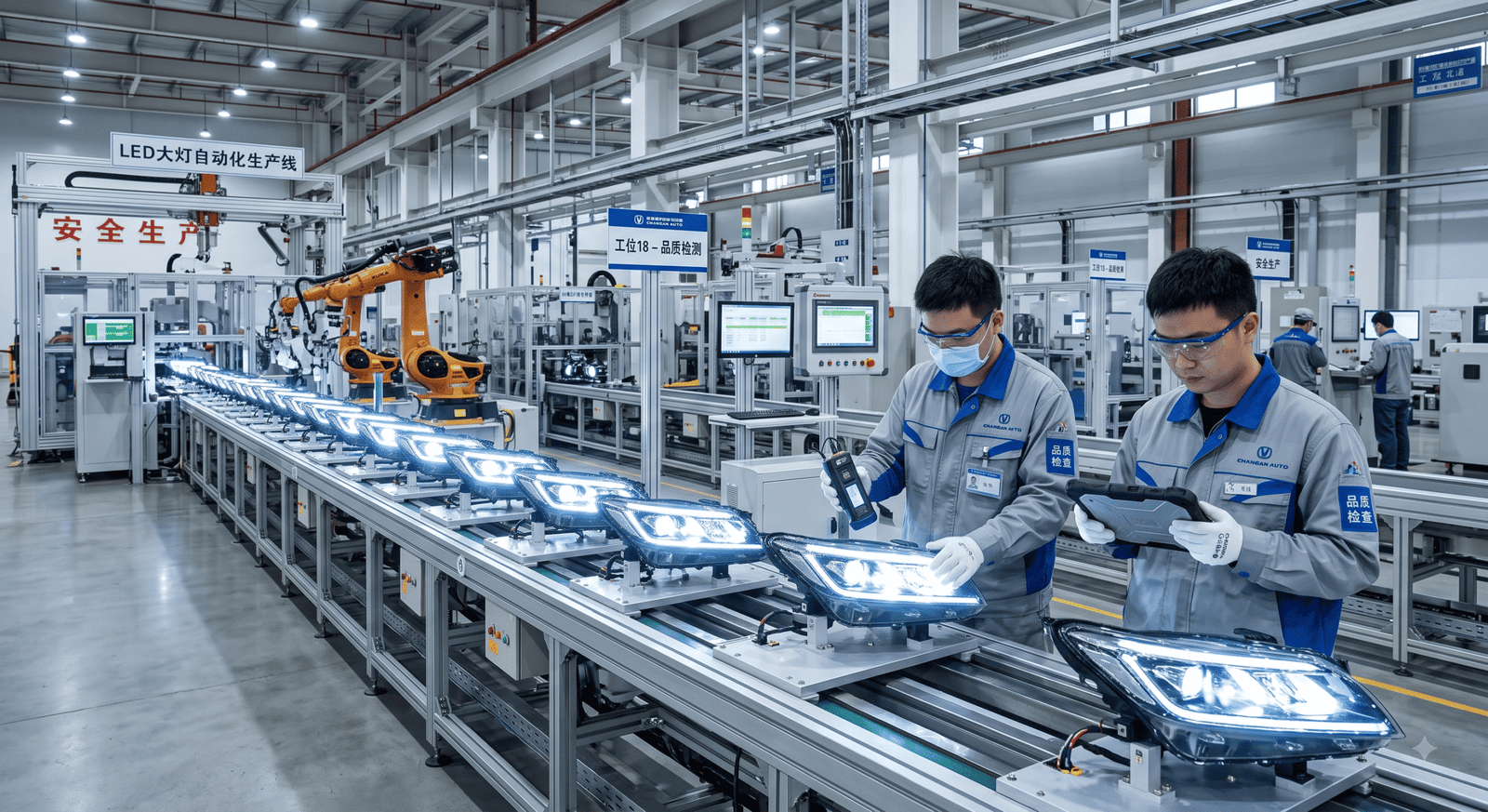 Automated LED headlight assembly line in a reliable Chinese manufacturing factory, representing a high-quality headlight supplier in China.