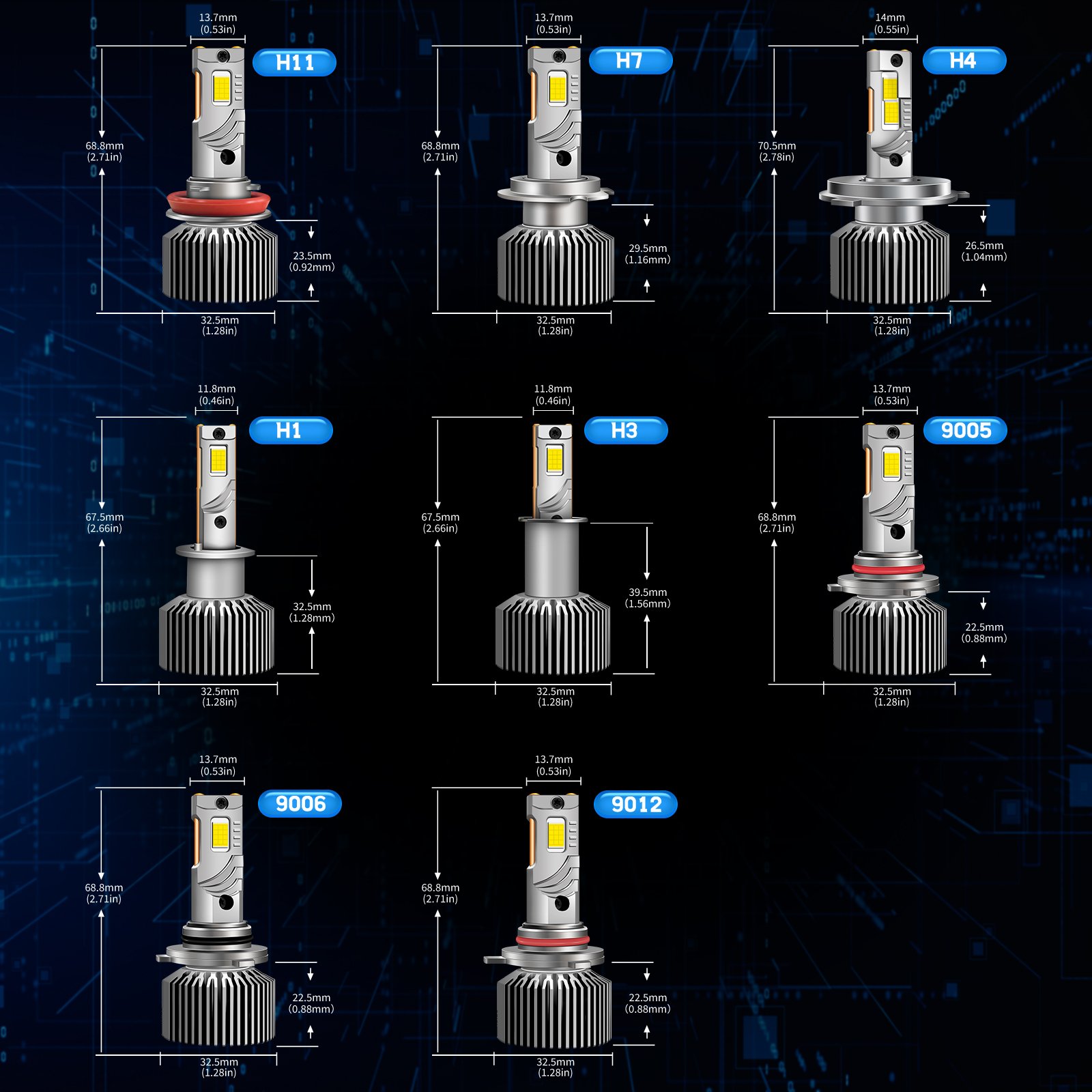 M65 LED headlight bulb dimensions chart for direct halogen replacement