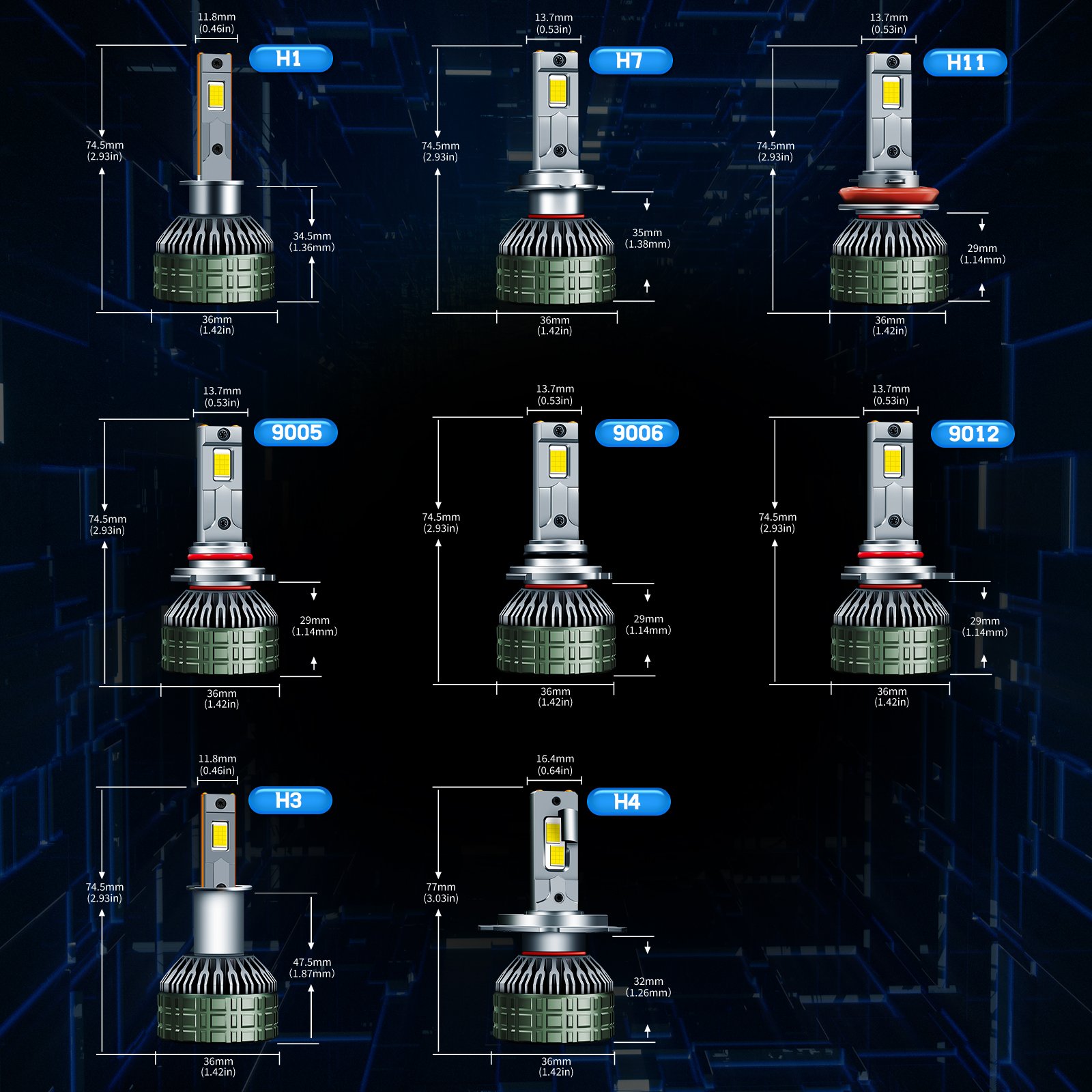 M85 9005 LED headlight bulb dimensions by socket type
