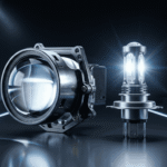 Side-by-side comparison of Bi-LED projector lenses and an LED bulb for automotive headlight retrofit.