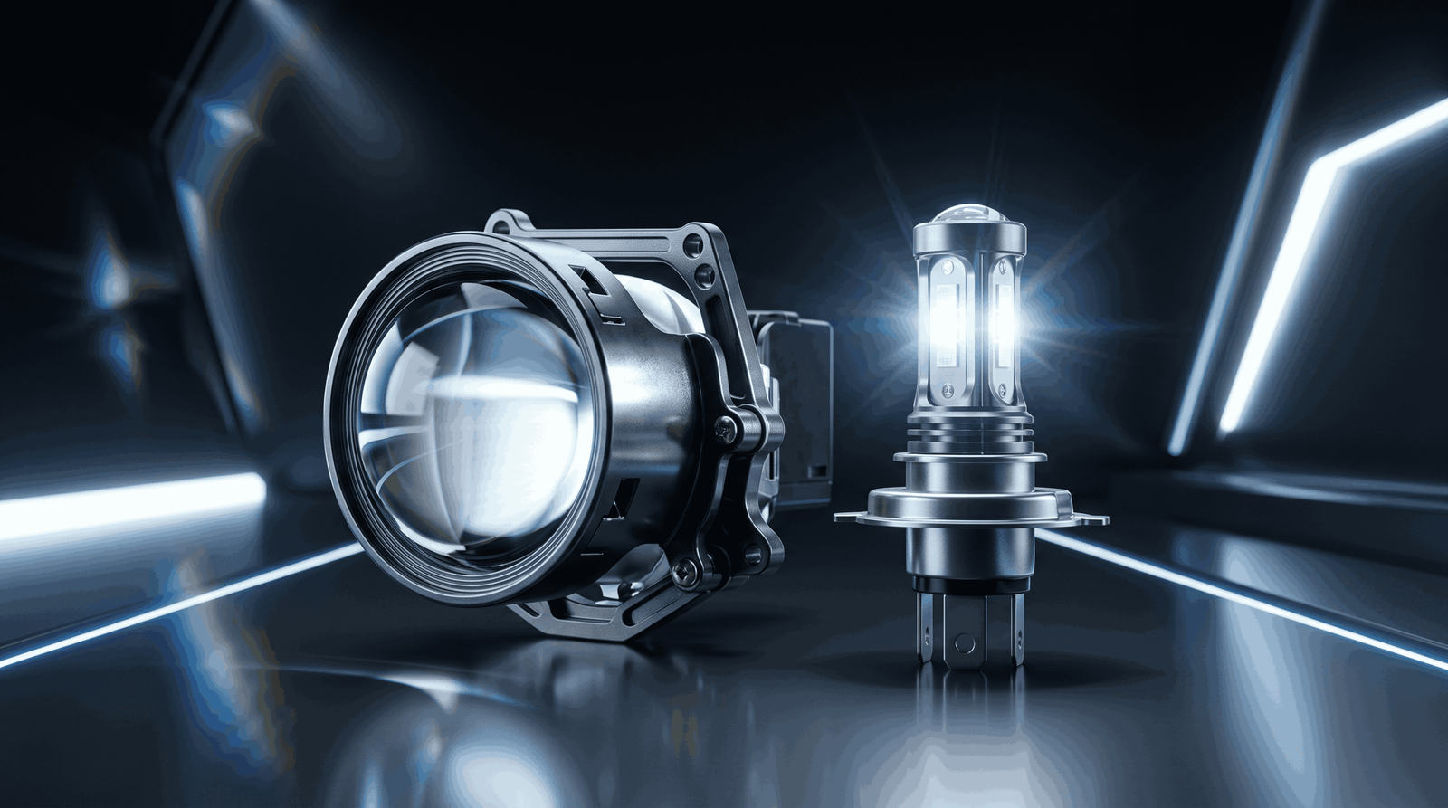 Side-by-side comparison of Bi-LED projector lenses and an LED bulb for automotive headlight retrofit.