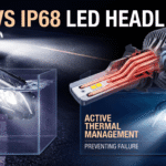 A comparison image showing an LED headlight assembly under water and a diagram of its internal cooling system, illustrating IP67 vs IP68 ratings and thermal design.