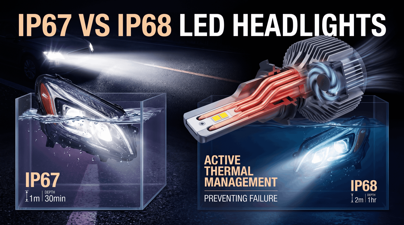 A comparison image showing an LED headlight assembly under water and a diagram of its internal cooling system, illustrating IP67 vs IP68 ratings and thermal design.