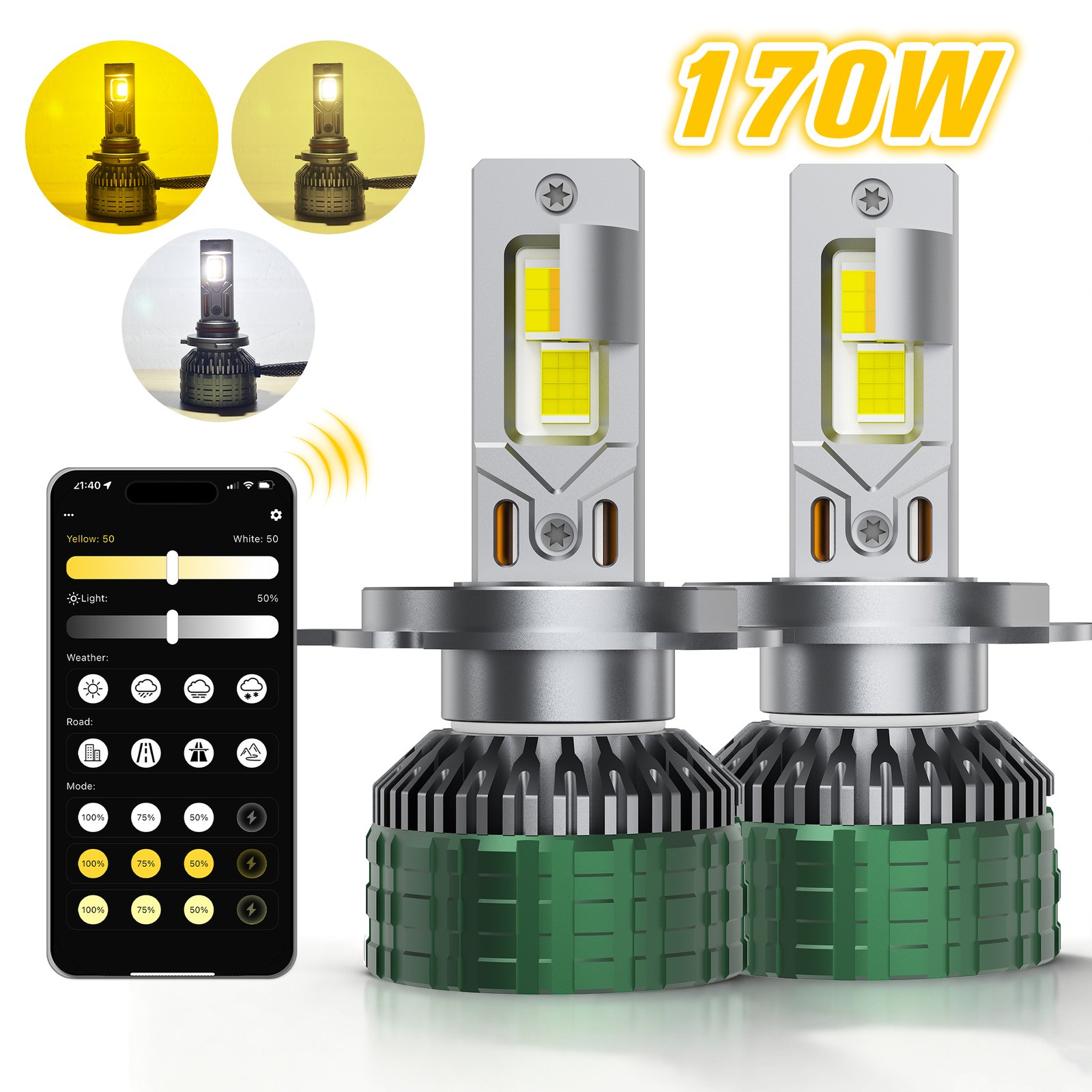 M88 LED Headlight Bulbs - H4 White Background