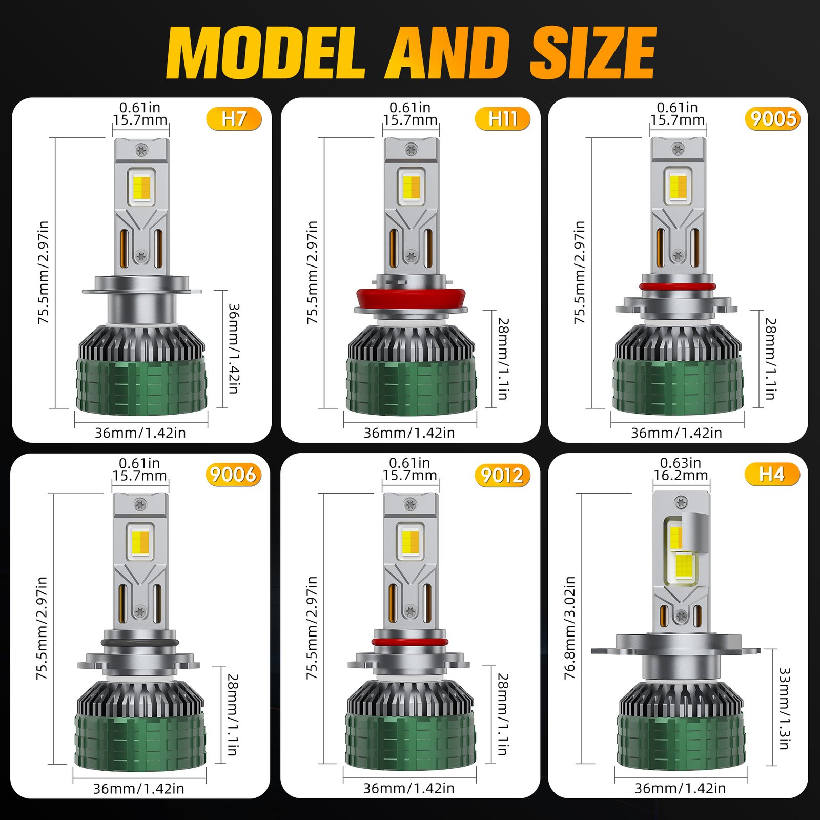 M88 LED Headlight Bulbs - Models and Sizes